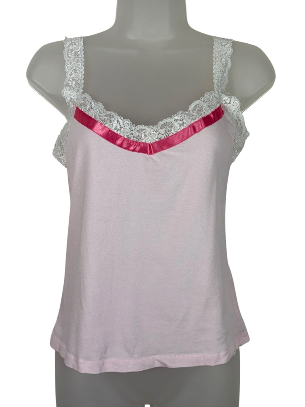 Chelsea & Violet Vintage Y2K USA Made Pastel Pink Lace Trim Coquette Tank Top L